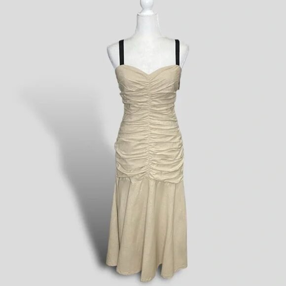 Anthropologie ATSU Ruched Drop Waist Beige Midi Linen Blend Strap Dress 2 - Picture 9 of 11